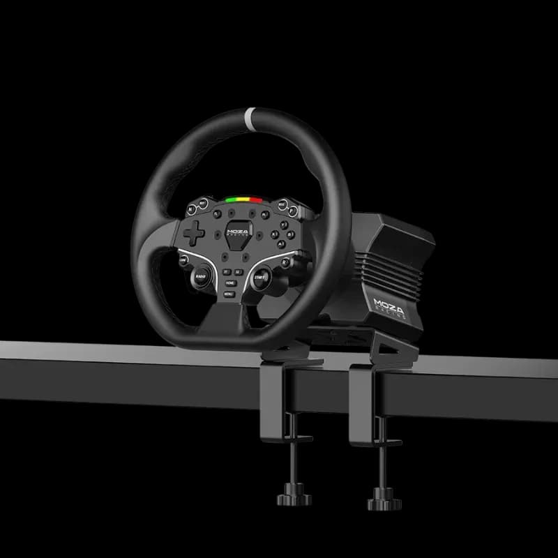 Moza R5 Racing Bundle PC com volante de simulação em base direta 5 nm, aro revestido, botões e paddles metálicos; montagem firme com braçadeiras