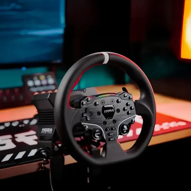 Moza R5 Racing Bundle PC Volante de simulação com aro esportivo, hub com múltiplos botões e seletor, base direta 5 Nm; pedais metálicos incluídos