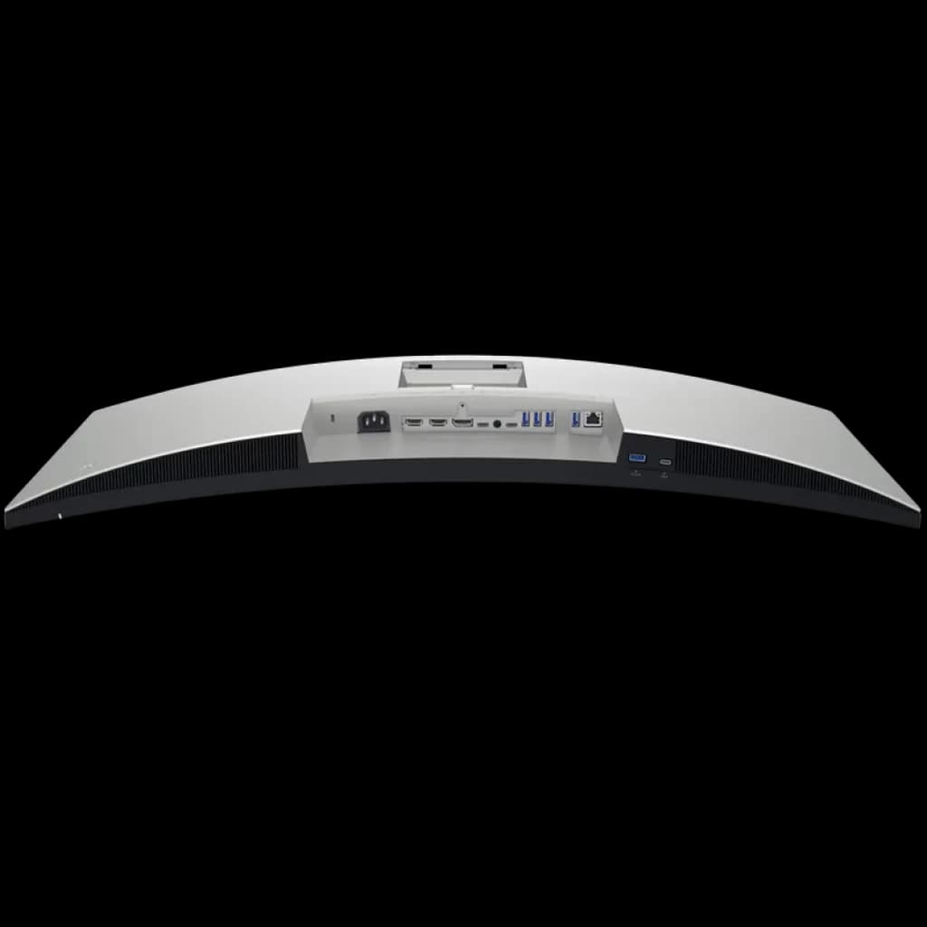 Parte trasera del monitor curvo DELL UltraSharp U3423WE con concentrador: HDMI, DisplayPort, USB-C con carga, Ethernet, USB-A y audio, acabado plateado