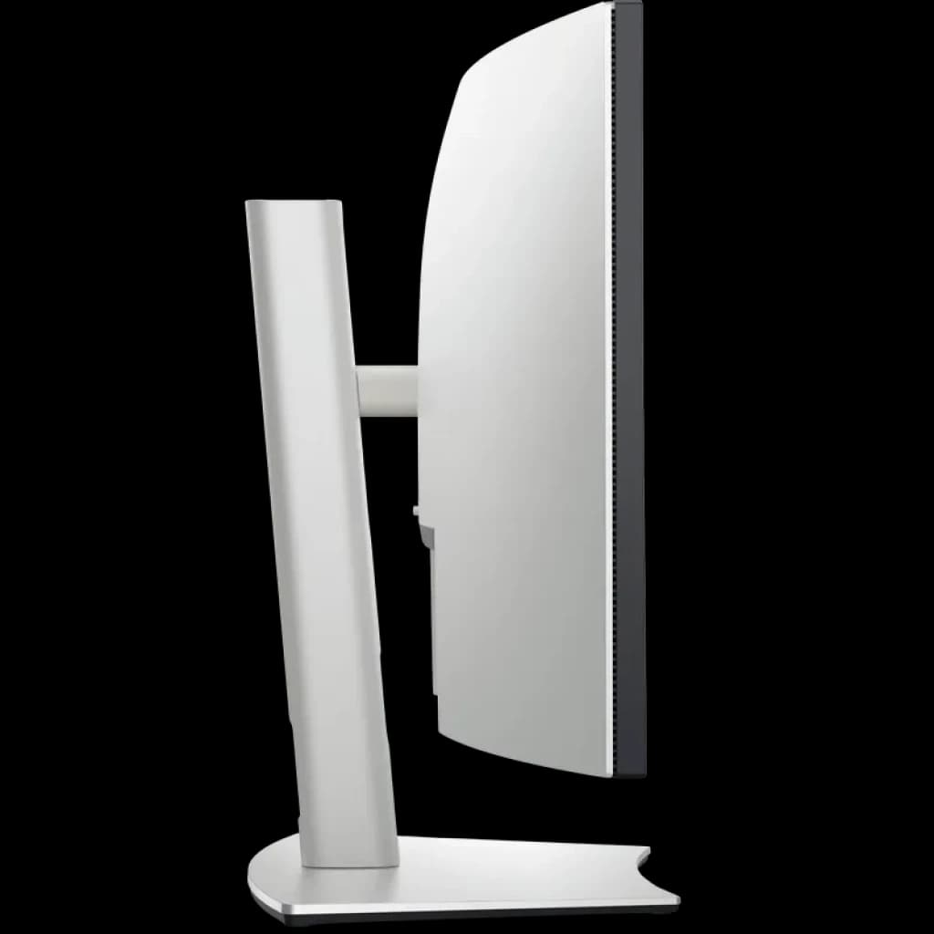 Monitor curvo Dell UltraSharp U3423WE de 34 pulgadas visto de perfil, diseño minimalista en plata, bisel delgado y soporte robusto ajustable