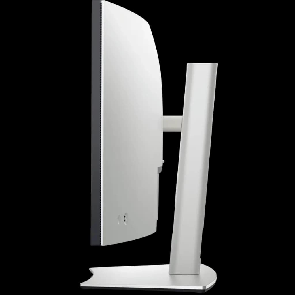 Perfil lateral del monitor curvo de 34 pulgadas con carcasa blanca, bisel delgado, soporte robusto ajustable y puertos accesibles en la parte trasera