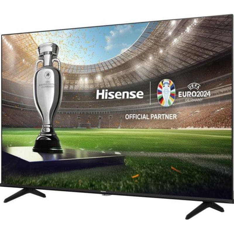 Hisense 65E77NQ 65 4K Ultra HD Smart TV preta com moldura fina, base dupla em V e tela grande exibindo estádio iluminado e troféu UEFA EURO 2024