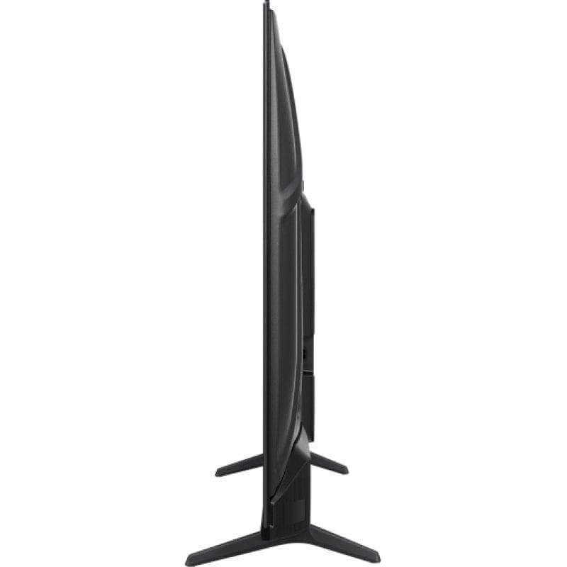 Hisense 65E77NQ 65 4K Ultra HD Smart TV Wifi Preto vista lateral ultrafina com moldura discreta e pés duplos estáveis, design elegante para sala moderna