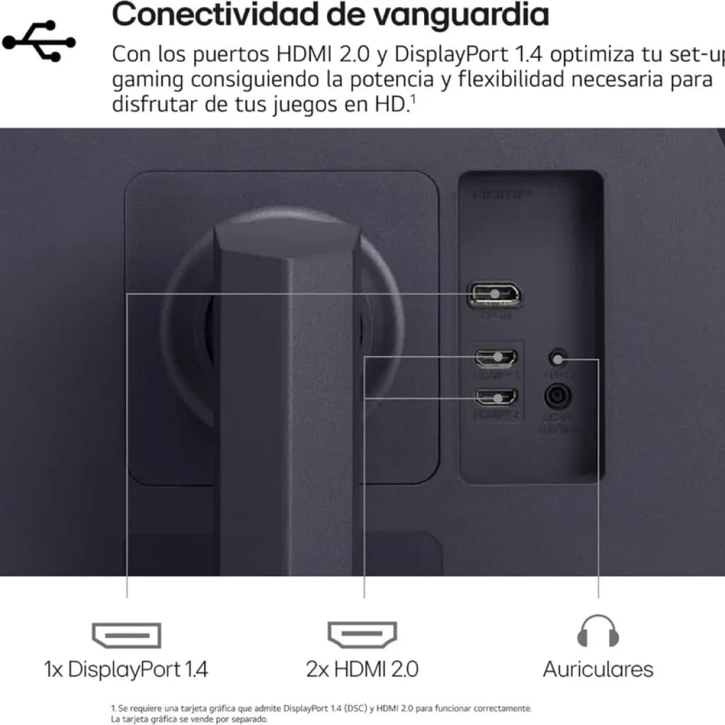 Parte trasera del monitor gaming LG Ultragear 32GS75Q-B en negro con puertos 1x DisplayPort 1.4, 2x HDMI 2.0 y salida de auriculares, diseño limpio y moderno