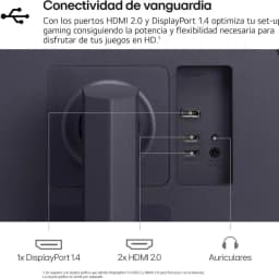 Parte trasera del monitor gaming LG Ultragear 32GS75Q-B en negro con puertos 1x DisplayPort 1.4, 2x HDMI 2.0 y salida de auriculares, diseño limpio y moderno