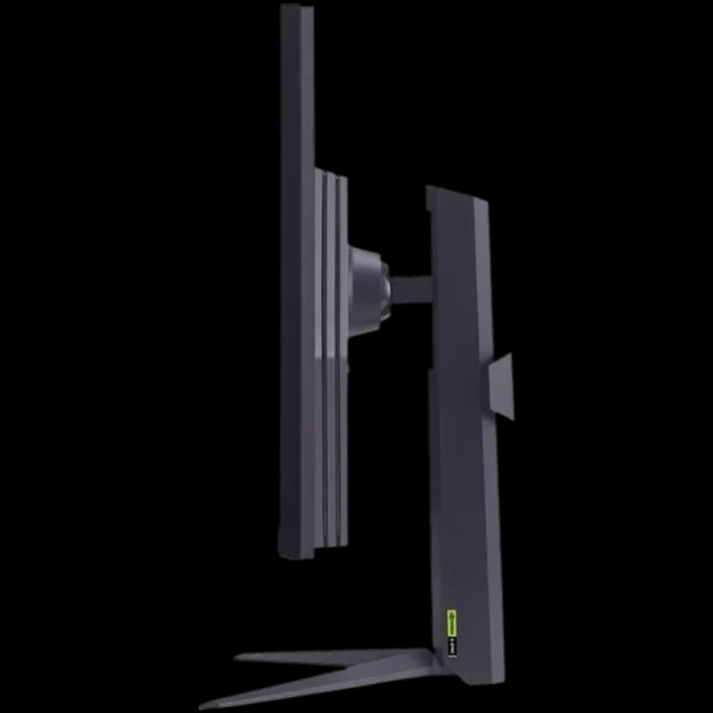 Perfil lateral del monitor gaming LG Ultragear 32GS75Q-B negro con marco delgado, soporte en forma de V y ajuste de altura; diseño estilizado y robusto