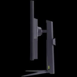 Perfil lateral del monitor gaming LG Ultragear 32GS75Q-B negro con marco delgado, soporte en forma de V y ajuste de altura; diseño estilizado y robusto