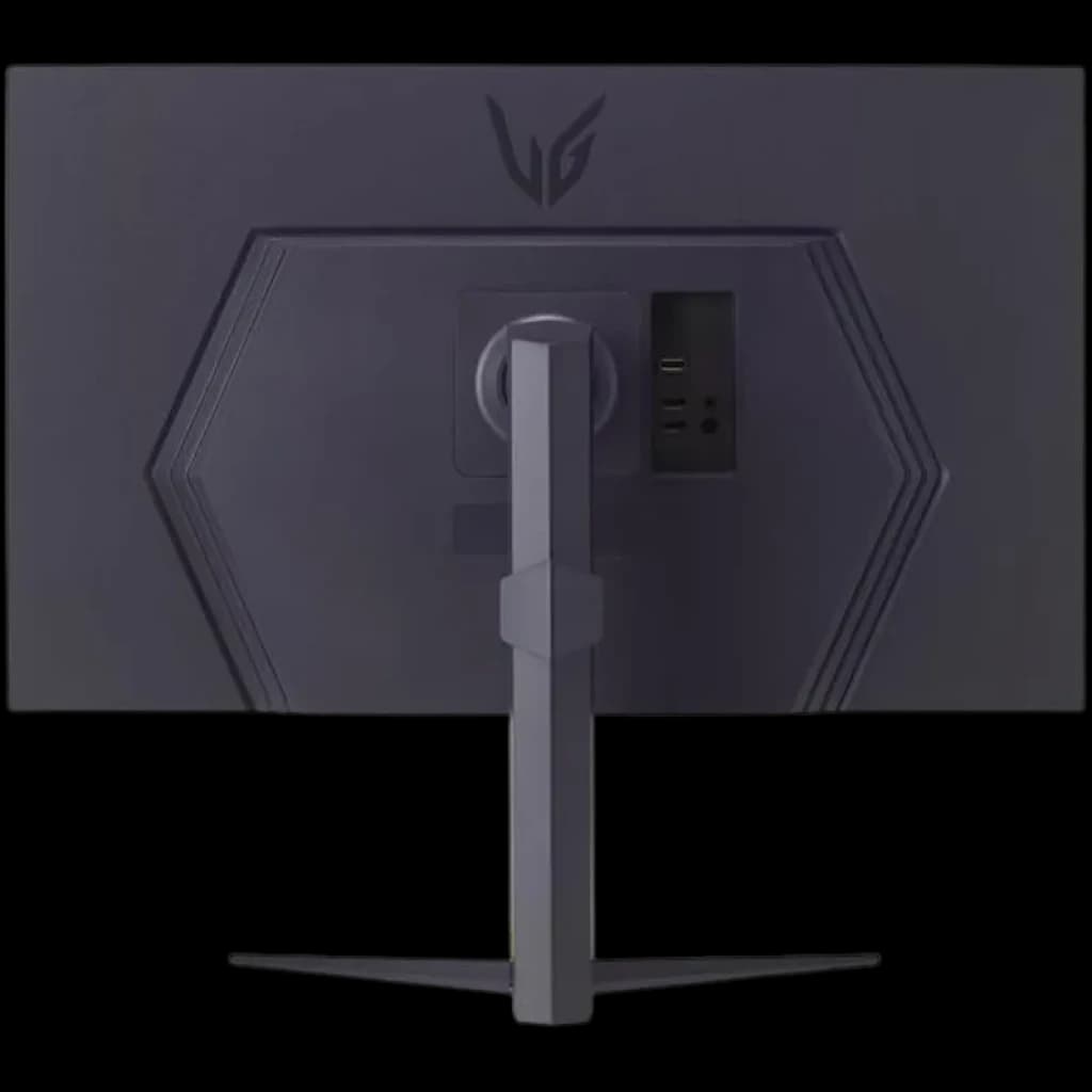 Parte trasera del monitor gaming LG Ultragear 32GS75Q-B en negro con soporte central robusto, puertos laterales accesibles y diseño geométrico moderno