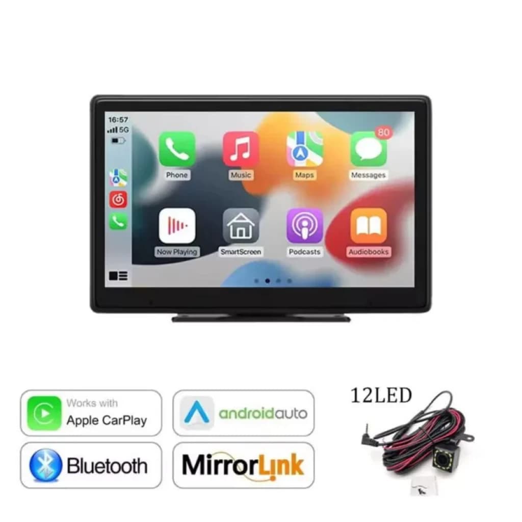 Pantalla táctil de 9 pulgadas con interfaz tipo CarPlay y Android Auto, iconos coloridos, marco negro delgado; incluye cableado y cámara trasera 12 LED