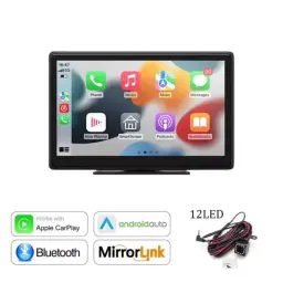 Pantalla táctil de 9 pulgadas con interfaz tipo CarPlay y Android Auto, iconos coloridos, marco negro delgado; incluye cableado y cámara trasera 12 LED