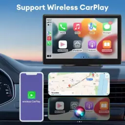 Pantalla táctil SD9059 de 9 pulgadas para auto, soporte CarPlay y Android Auto inalámbricos, interfaz clara, widgets de navegación, música y asistente de