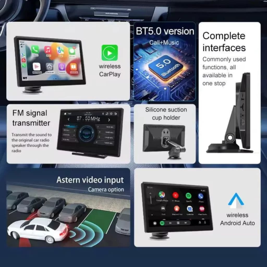 Pantalla táctil 9 pulgadas SD9059 con soporte de silicona, CarPlay y Android Auto inalámbricos, entrada de cámara trasera, FM, Bluetooth 5.0 y múltiples