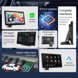 Pantalla táctil 9 pulgadas SD9059 con soporte de silicona, CarPlay y Android Auto inalámbricos, entrada de cámara trasera, FM, Bluetooth 5.0 y múltiples