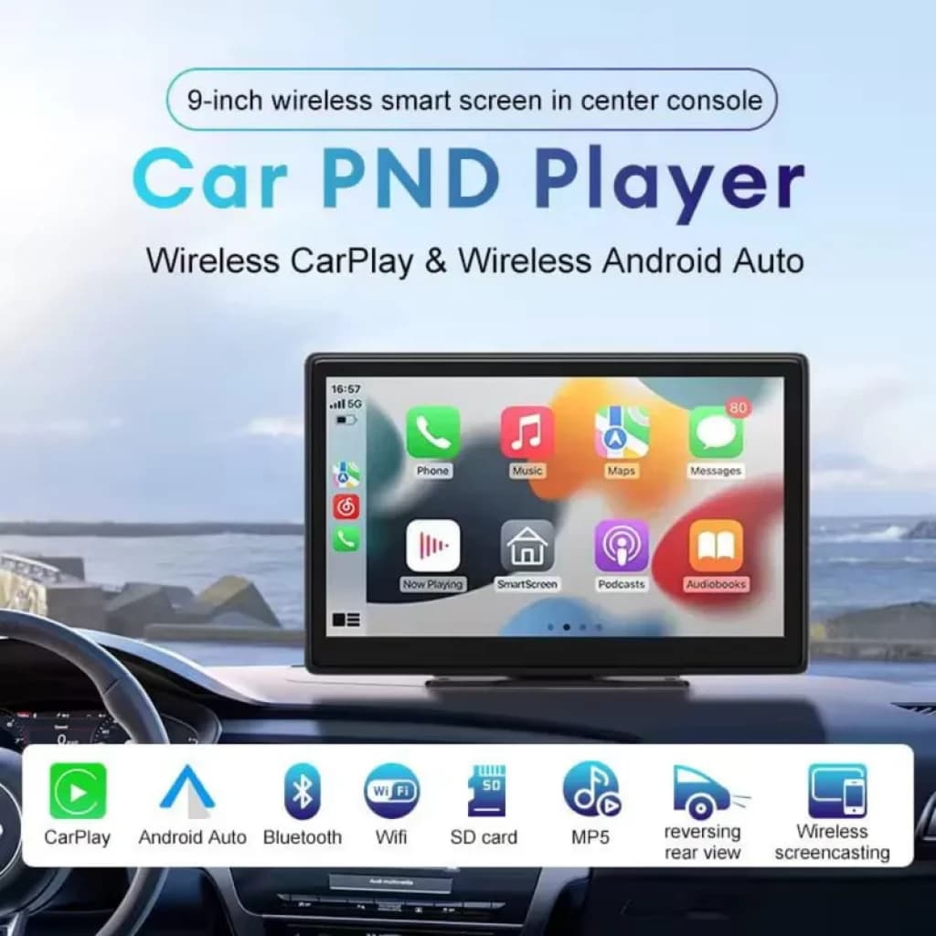 Pantalla táctil de 9 pulgadas con interfaz tipo CarPlay y Android Auto, iconos coloridos, marco delgado negro y soporte de tablero para coche