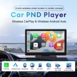Pantalla táctil de 9 pulgadas con interfaz tipo CarPlay y Android Auto, iconos coloridos, marco delgado negro y soporte de tablero para coche
