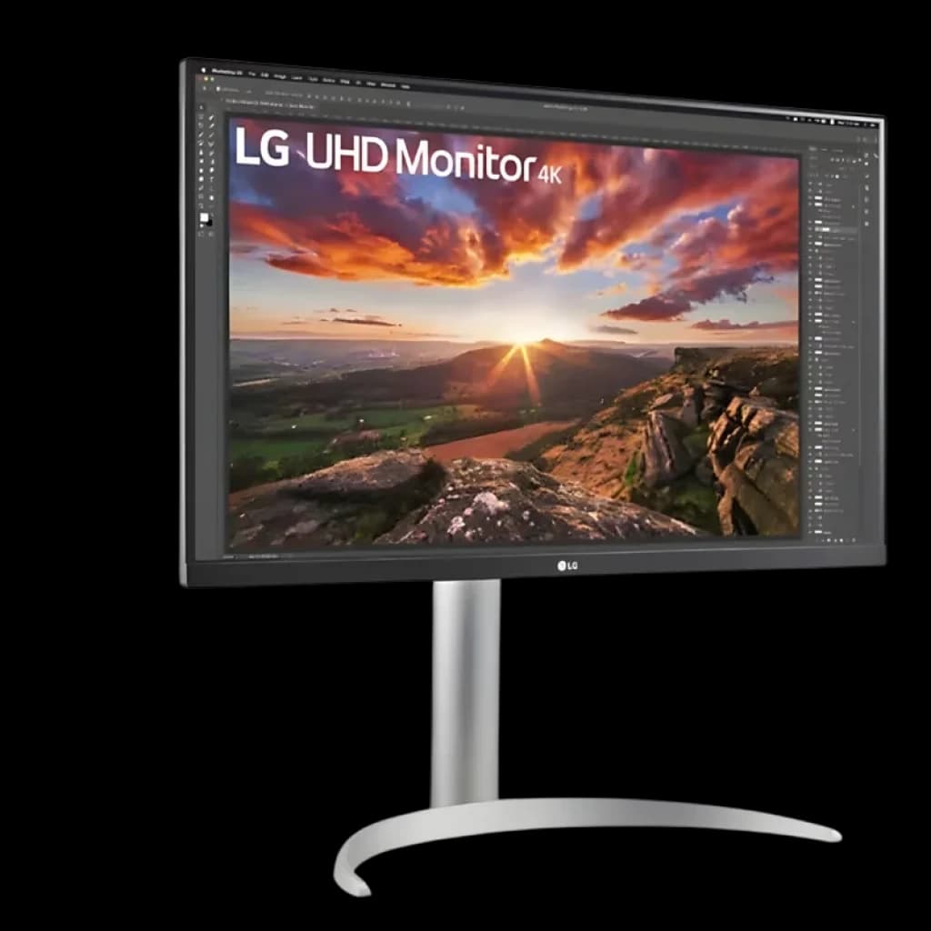 Monitor LG 27UP850K-W de 27 pulgadas con panel IPS 4K UHD, biseles delgados, soporte metálico en arco, gran colorido HDR y texto nítido para trabajo creativo