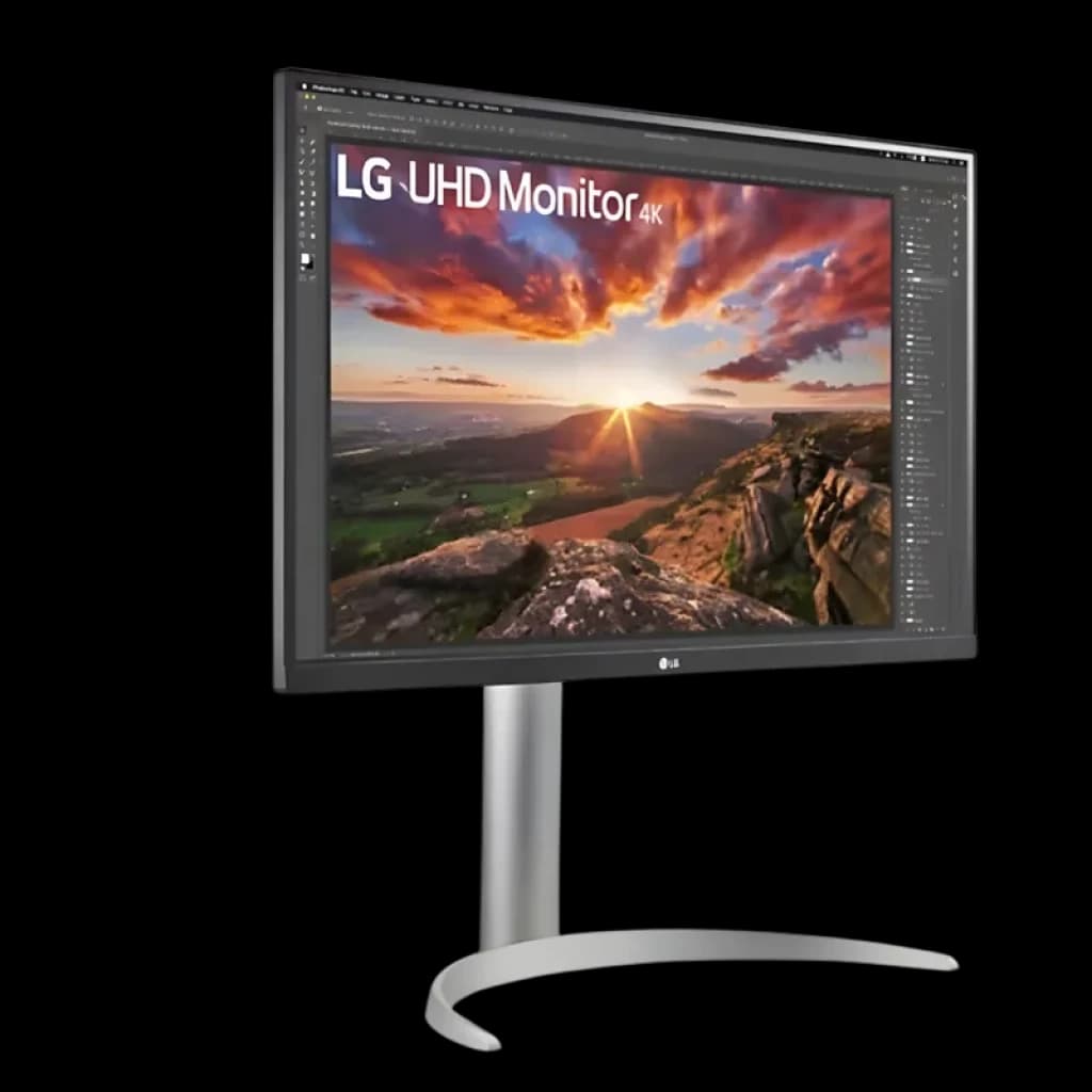 Monitor LG 27UP850K-W de 27 pulgadas con pantalla IPS UHD 4K, biseles delgados, soporte metálico en arco y ajuste de altura; ideal para trabajo y diseño