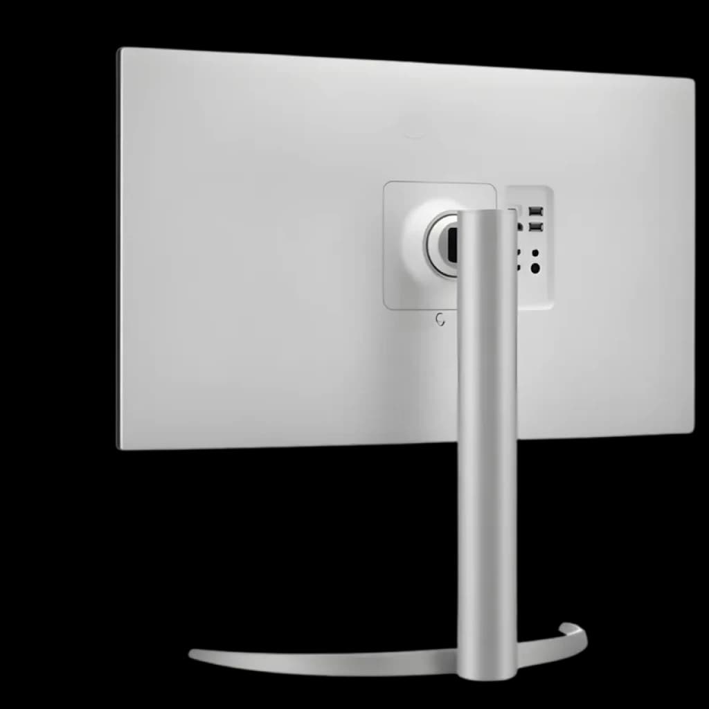 Parte trasera del LG 27UP850K-W: acabado blanco, soporte metálico curvo, gestión de cables integrada y puertos USB y HDMI accesibles en el panel trasero