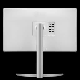 Parte trasera de monitor LG 27UP850K-W blanco, soporte metálico en forma de U, altura ajustable, puertos USB, HDMI y DisplayPort visibles