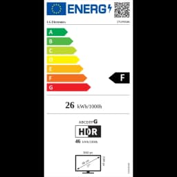 Etiqueta energética UE para monitor LG 27UP850K-W: clase F, consumo 26 kWh/1000 h, HDR, 46 kWh/1000 h HDR, 27 pulgadas 3840x2160, diagrama de pantalla
