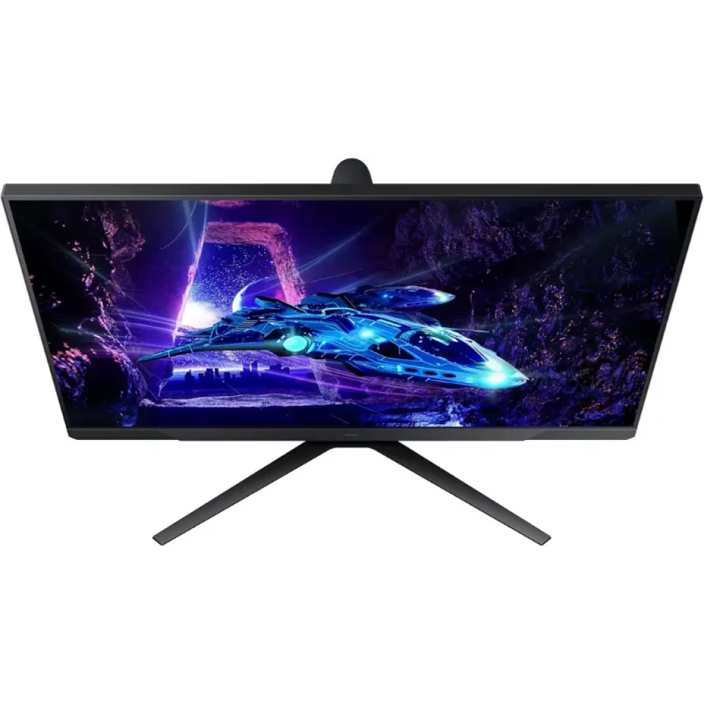 Moniteur gaming 27 pouces Full HD avec bords fins, pied ergonomique noir, écran mat incliné, affichant un vaisseau futuriste aux couleurs néon violettes et - Ítem4