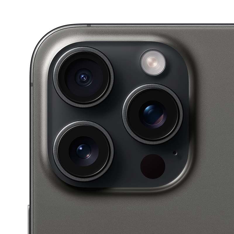 iPhone 15 Pro Max 5G 256 GB Titânio Preto Renovado Oficial detalhes da câmara
