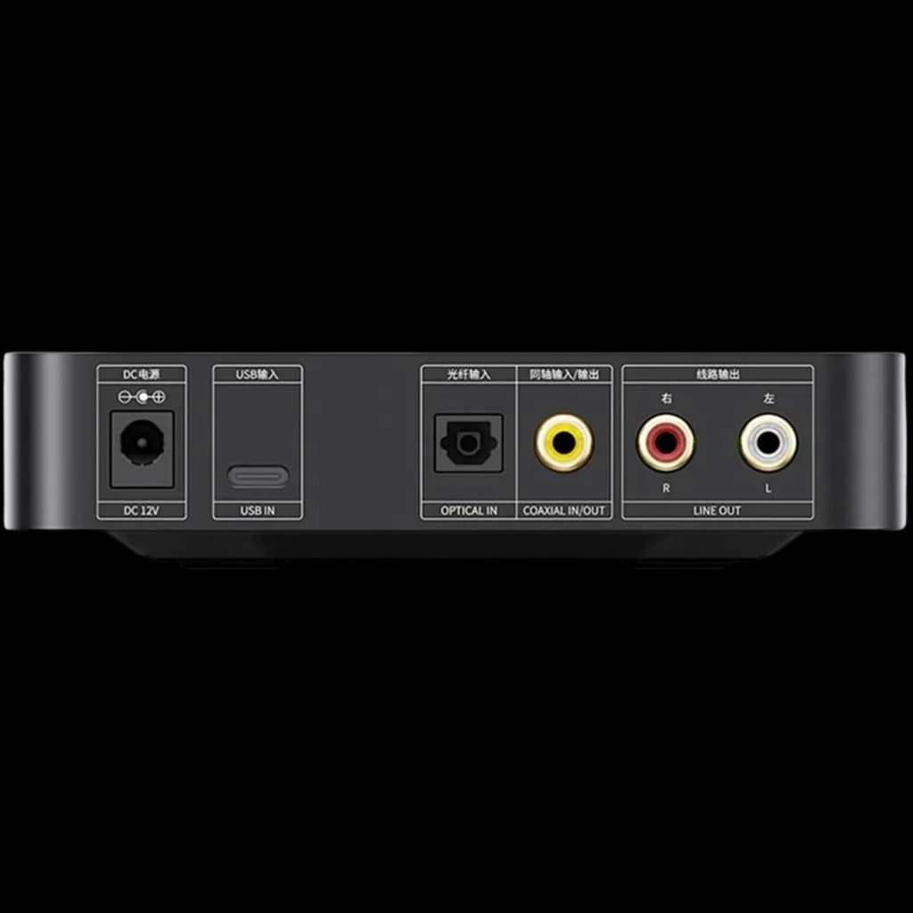 Panel trasero del FiiO K11 R2R en plata con puertos DC 12V, USB-B, óptico, coaxial in/out y salidas RCA L/R line out; diseño balanceado y Hi-Res USB-C