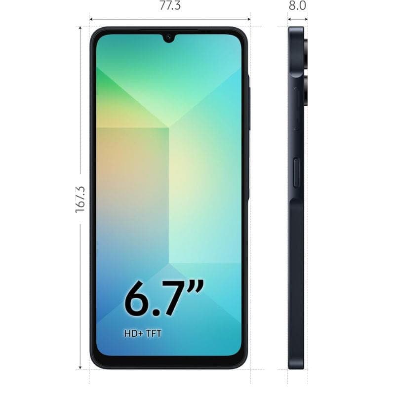 Samsung Galaxy A06 4G 4 GB/128 GB Preto imagem do ecrã e lateral