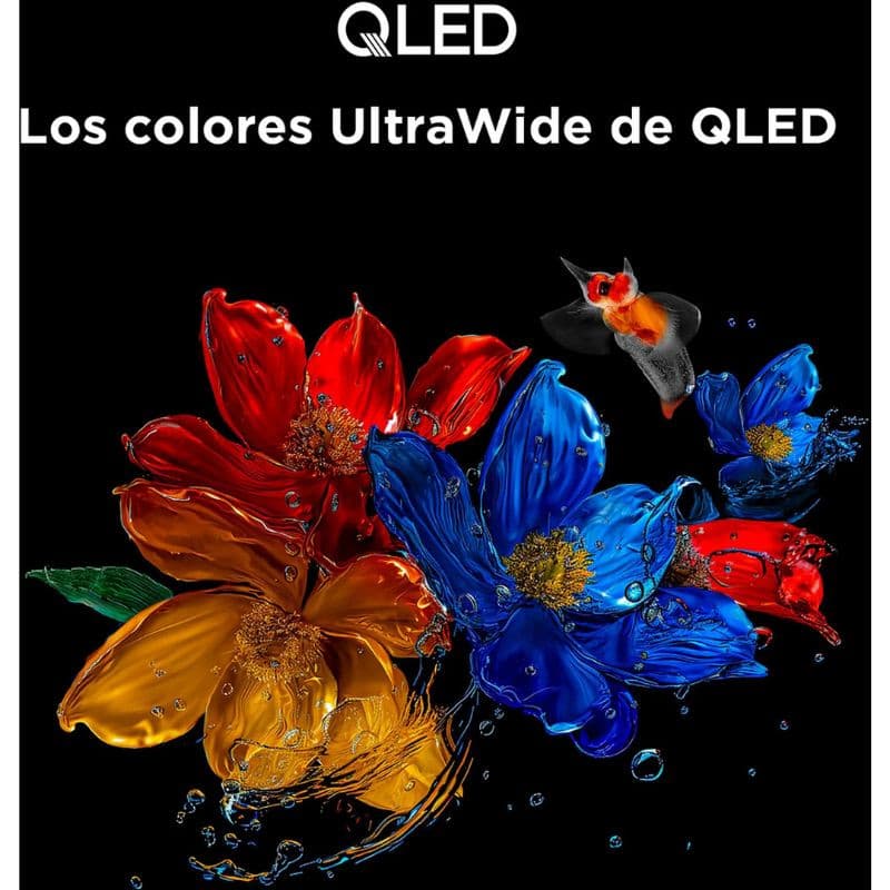 TCL 43P7K 43" 4K UHD QLED gris avec écran affichant des fleurs colorées ultra-vives et un colibri, mettant en avant les couleurs UltraWide de QLED.