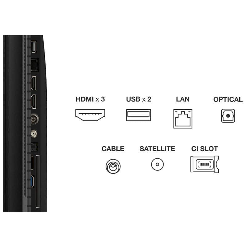 TCL 43P7K 43" 4K QLED Gris: profil fin, cadre étroit. Connectique latérale: 3x HDMI, 2x USB, LAN, optique, câble, satellite, CI slot.