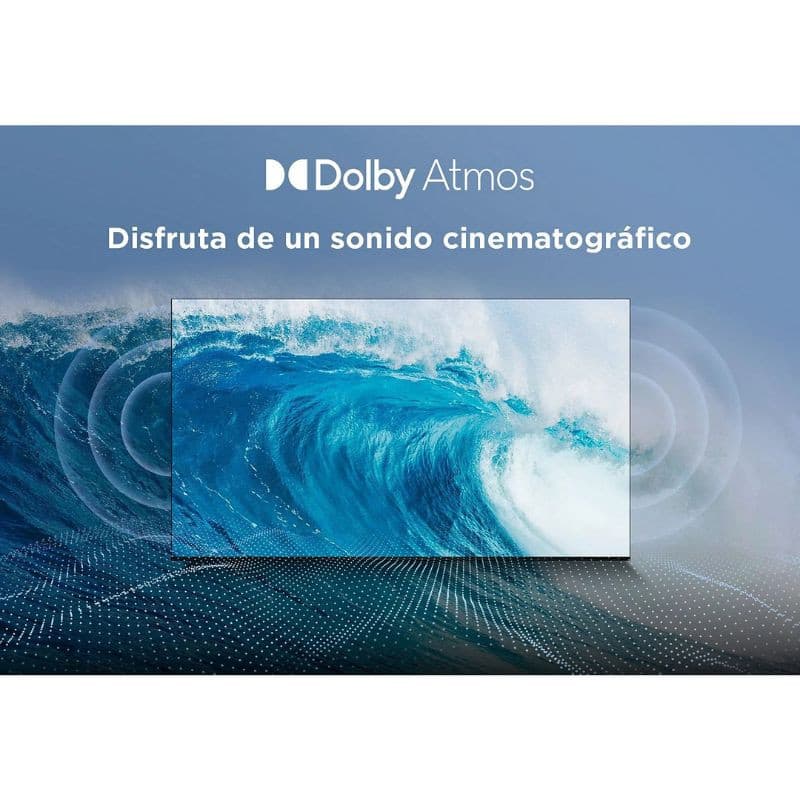 TCL 43P7K 43" 4K UHD QLED gris avec Dolby Atmos; écran bord fin affichant une vague, couleurs vives et son immersif cinématographique.
