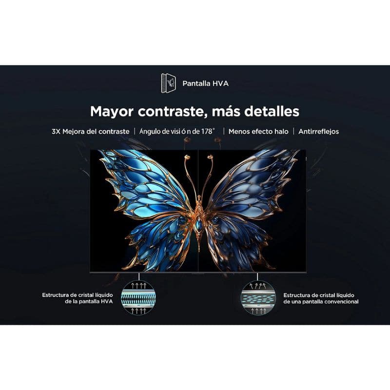 TCL 43P7K 43" 4K UHD QLED gris avec écran HVA: fort contraste, large angle 178°, antireflet, moins d’halo; visuel papillon bleu détaillé.