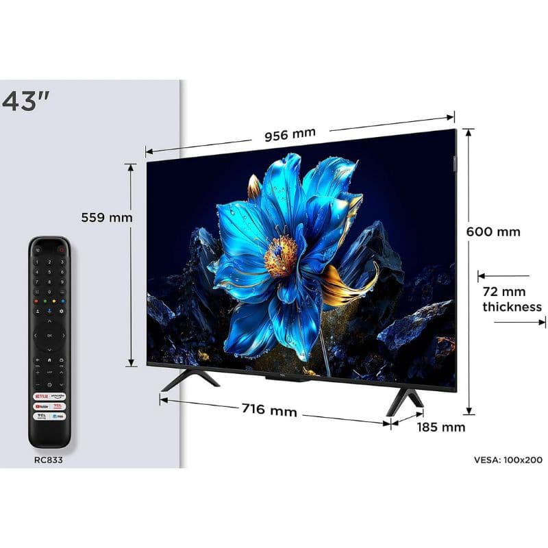 TCL 43P7K 43" QLED 4K gris, cadre fin, pieds écartés, épaisseur 72 mm, VESA 100x200. Télécommande RC833 incluse, écran aux couleurs vives.