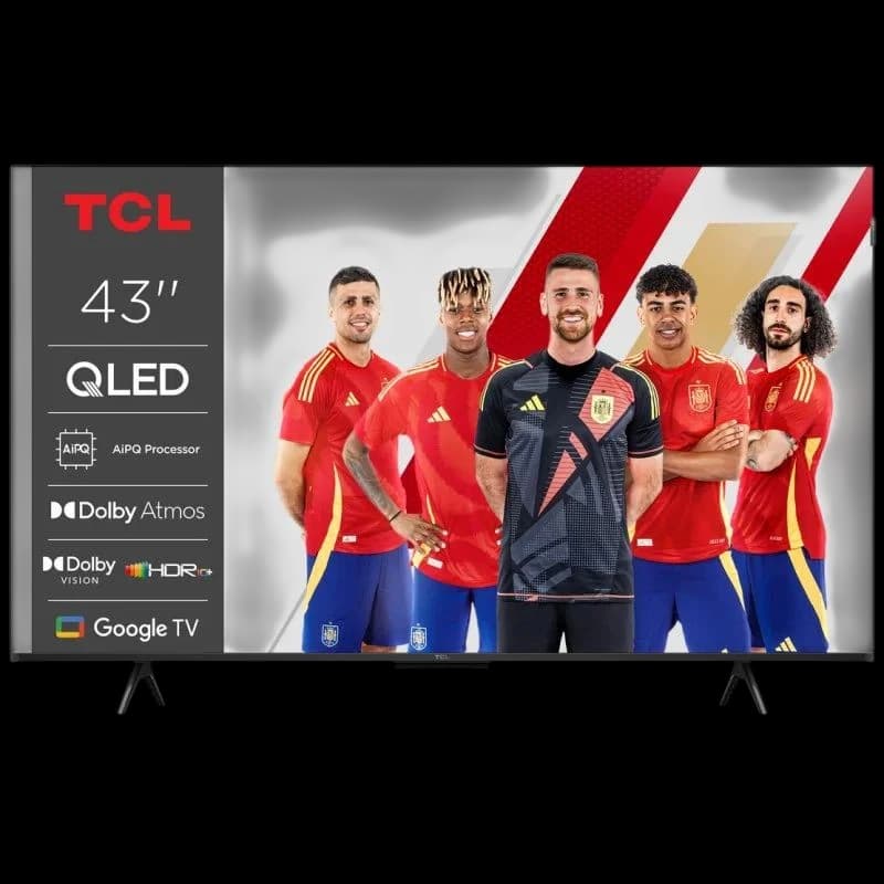 TCL 43P7K 43" QLED 4K UHD gris, bords fins, double pieds, interface Google TV; logos Dolby Atmos, Dolby Vision, HDR10+, AIPQ affichés à gauche.