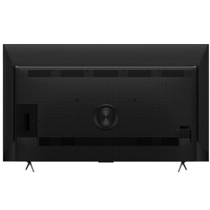 Perfil lateral da TCL P8K 75P8K 75 4K QLED em titânio, design ultrafino com pés em V e conectores laterais visíveis HDMI USB e rede