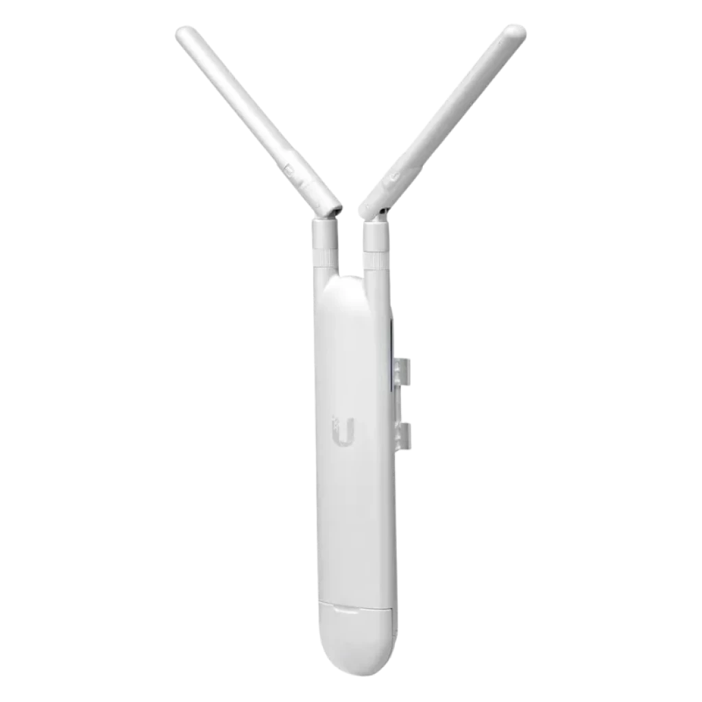 Point d'accès blanc avec deux antennes externes réglables en V, logo U à l'avant, design allongé et minimaliste, compatible PoE et WiFi 5 1167 Mbit/s - Ítem1