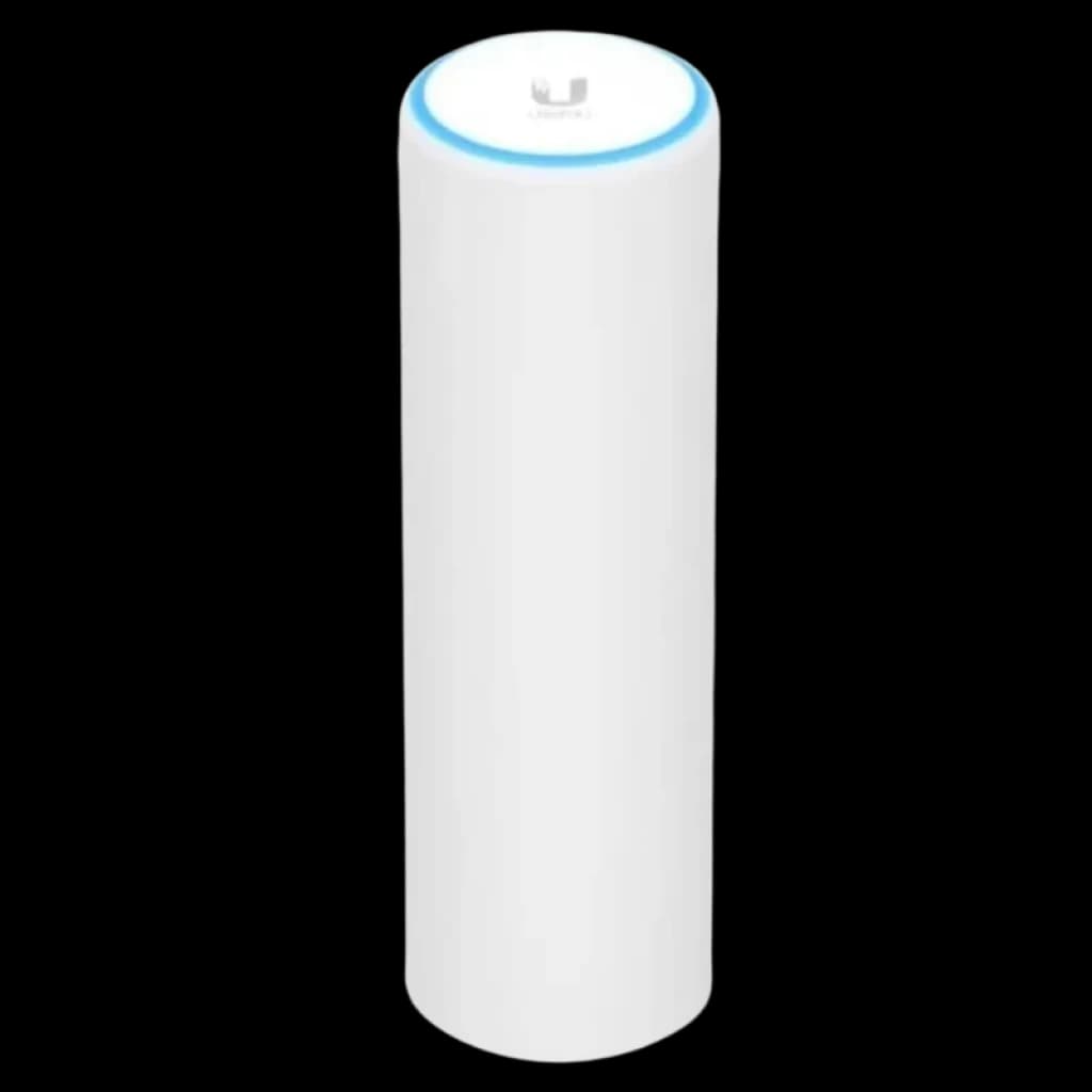 Ubiquiti U6 Mesh blanc cylindrique avec anneau LED bleu supérieur, design minimaliste vertical, boîtier lisse, point d'accès WiFi 6 compatible PoE