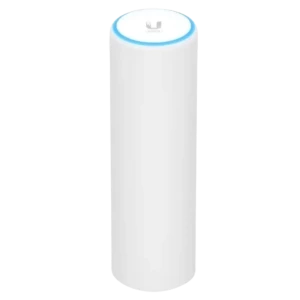 Ubiquiti U6 Mesh blanc cylindrique avec anneau LED bleu supérieur, design minimaliste vertical, boîtier lisse, point d'accès WiFi 6 compatible PoE