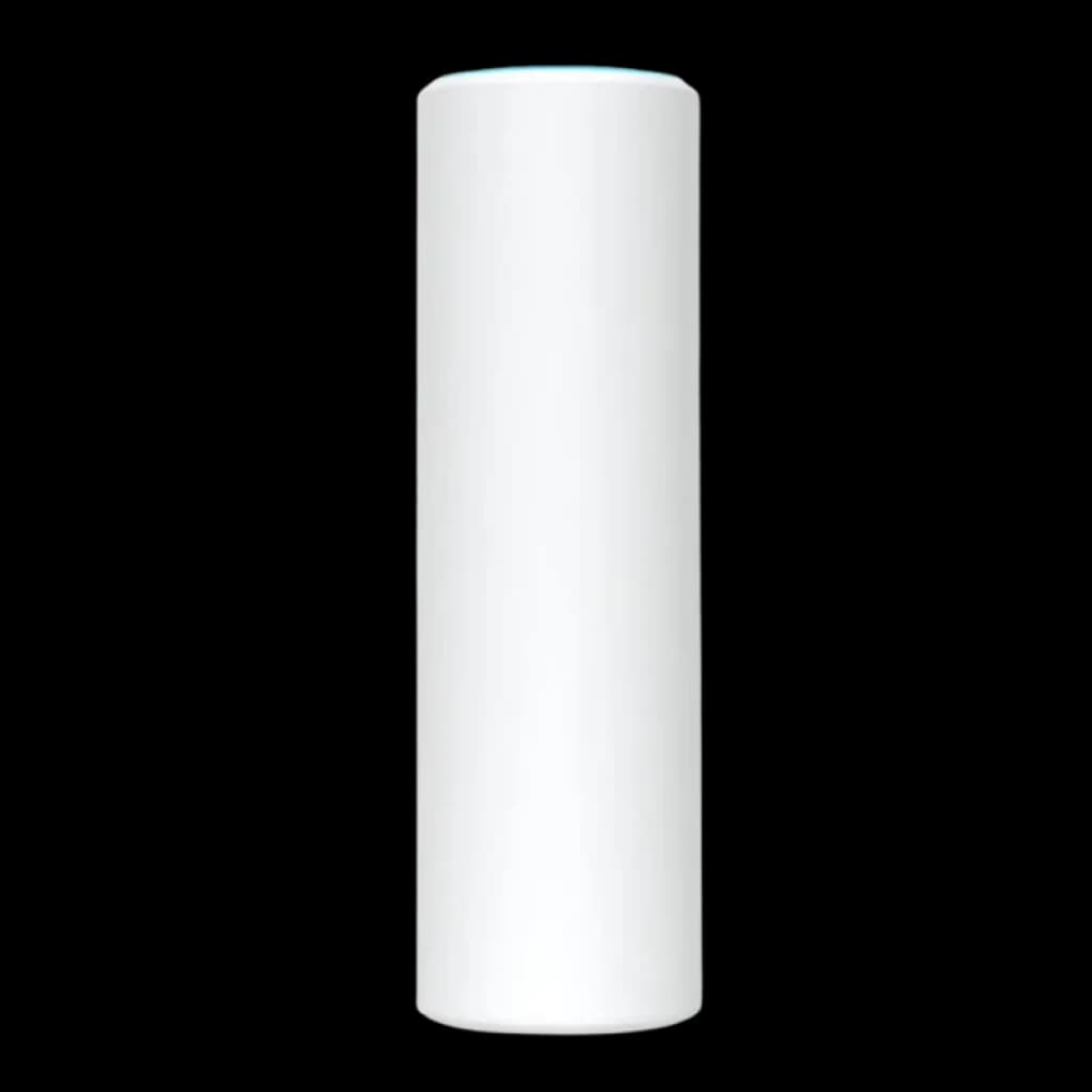 Ubiquiti U6 Mesh point d'accès cylindrique blanc avec anneau LED supérieur, design minimaliste pour montage vertical, compatible PoE et WiFi 6 4800 Mbit/s