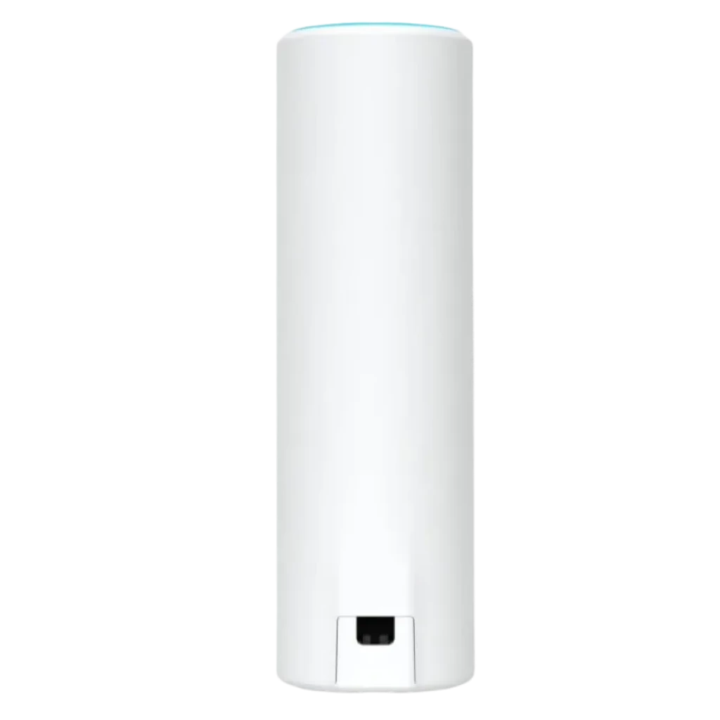 Ubiquiti U6 Mesh blanc cylindrique avec anneau LED bleu supérieur, design minimaliste vertical, boîtier lisse, point d'accès WiFi 6 compatible PoE - Ítem2