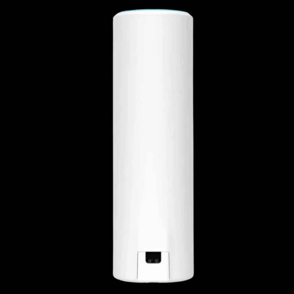 Cylindre blanc minimaliste avec éclairage LED supérieur et port inférieur, conçu pour un montage vertical du Ubiquiti U6 Mesh WiFi 6 PoE 4800 Mbit/s