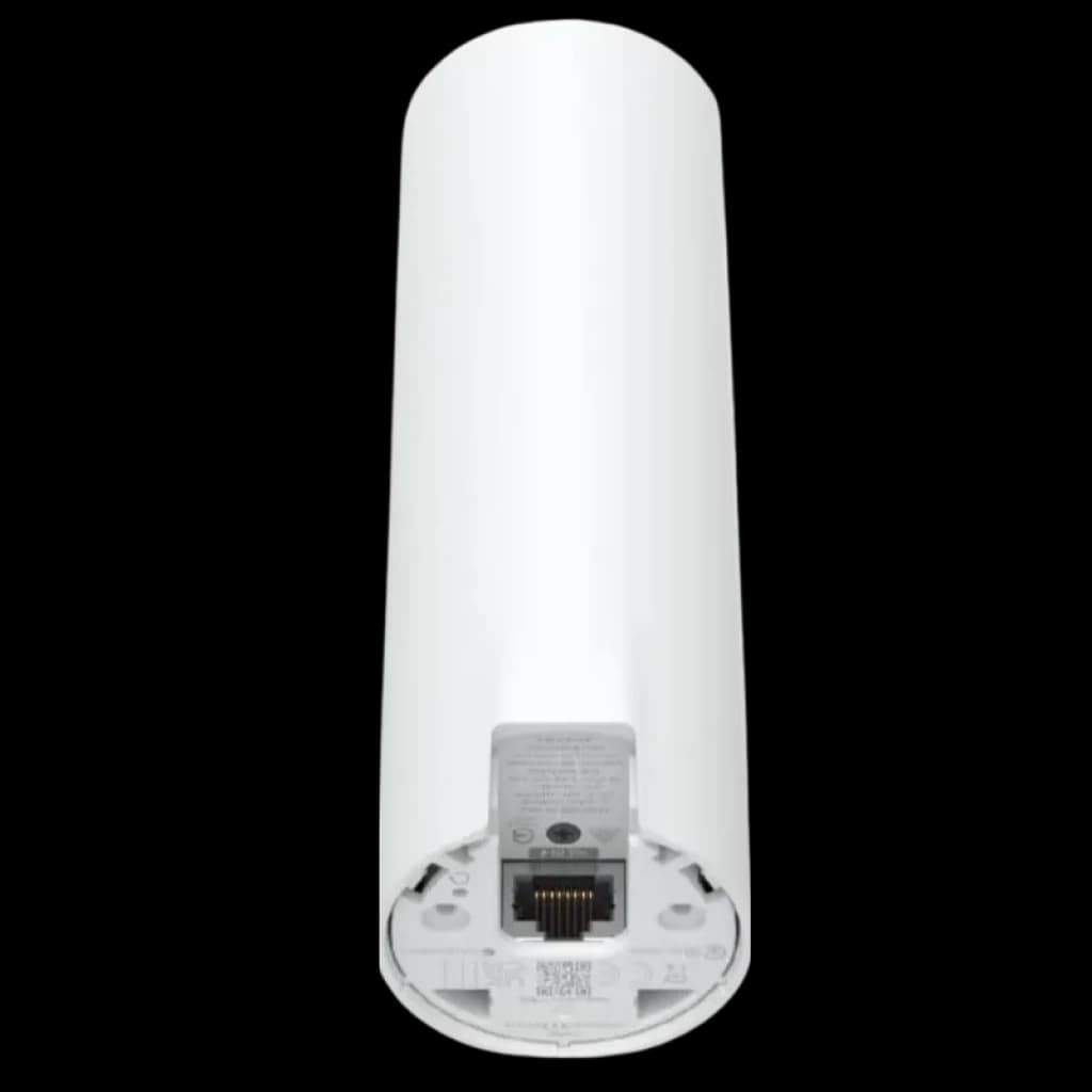 Cylindre blanc avec base amovible et port Ethernet visible ; boîtier lisse et minimaliste du point d'accès Ubiquiti U6 Mesh PoE WiFi 6