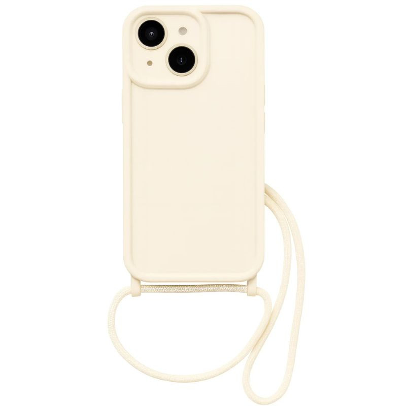 Capa pendente de silicone branca para iPhone 16 com alça de pulso ajustável, cantos arredondados, recorte para câmeras duplas e acabamento fosco elegante - Item