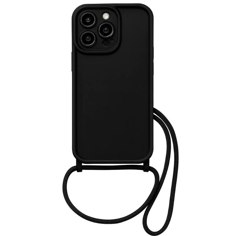 Capa pendente de silicone para iPhone 16 Pro na cor branca, com cordão ajustável para uso no pescoço, proteção nas bordas e recorte preciso para câmeras - Item