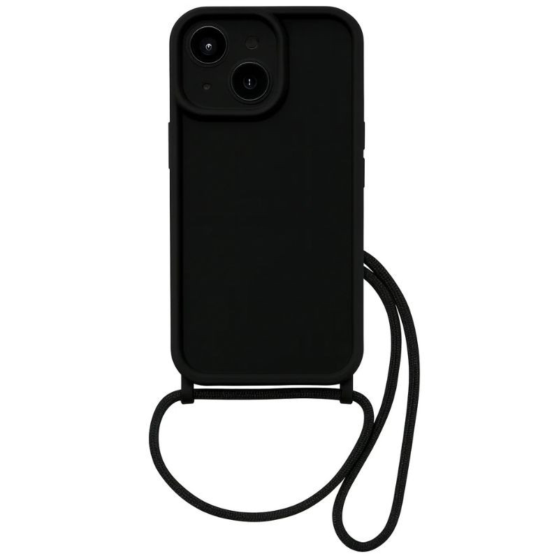 Capa pendente de silicone preto para iPhone 13 com alça ajustável, bordas elevadas para proteção das câmeras e acabamento fosco elegante - Item