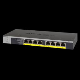 Switch NETGEAR GS108LP não gerenciado com 8 portas Gigabit frontais, caixa metálica cinza e preta, indicadores LED por porta e design compacto