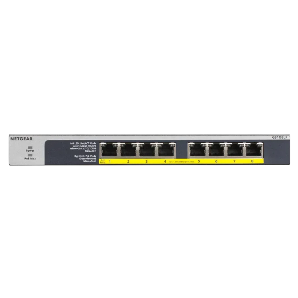 Commutateur non géré NETGEAR GS108LP avec 8 ports Gigabit en façade, boîtier métallique gris et noir, voyants LED par port et design compact - Ítem1