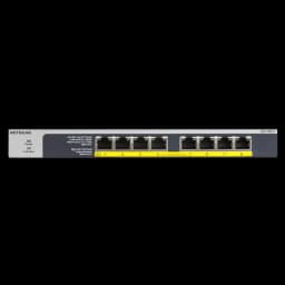 Switch NETGEAR GS108LP não gerido com 8 portas Gigabit frontais, barra amarela com numeração de 1 a 8, LEDs de estado à esquerda e chassis metálico