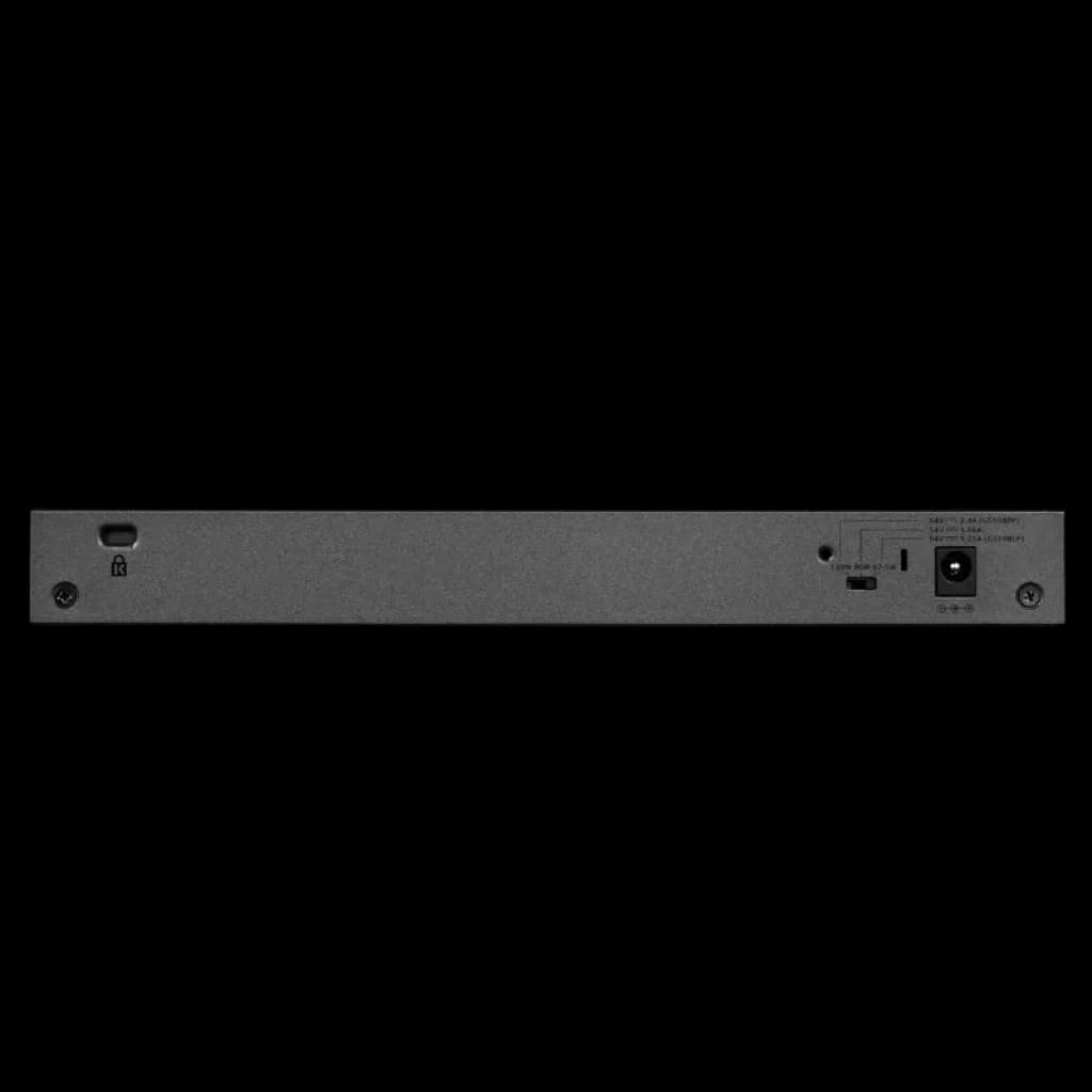 Parte traseira do NETGEAR GS108LP com 8 portas Gigabit Ethernet, mostrando interruptor, ranhura de segurança Kensington, botão de reinicialização e entrada de alimentação