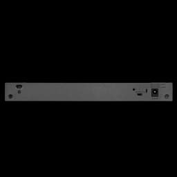 Parte traseira do NETGEAR GS108LP com 8 portas Gigabit Ethernet, mostrando interruptor, ranhura de segurança Kensington, botão de reinicialização e entrada de alimentação